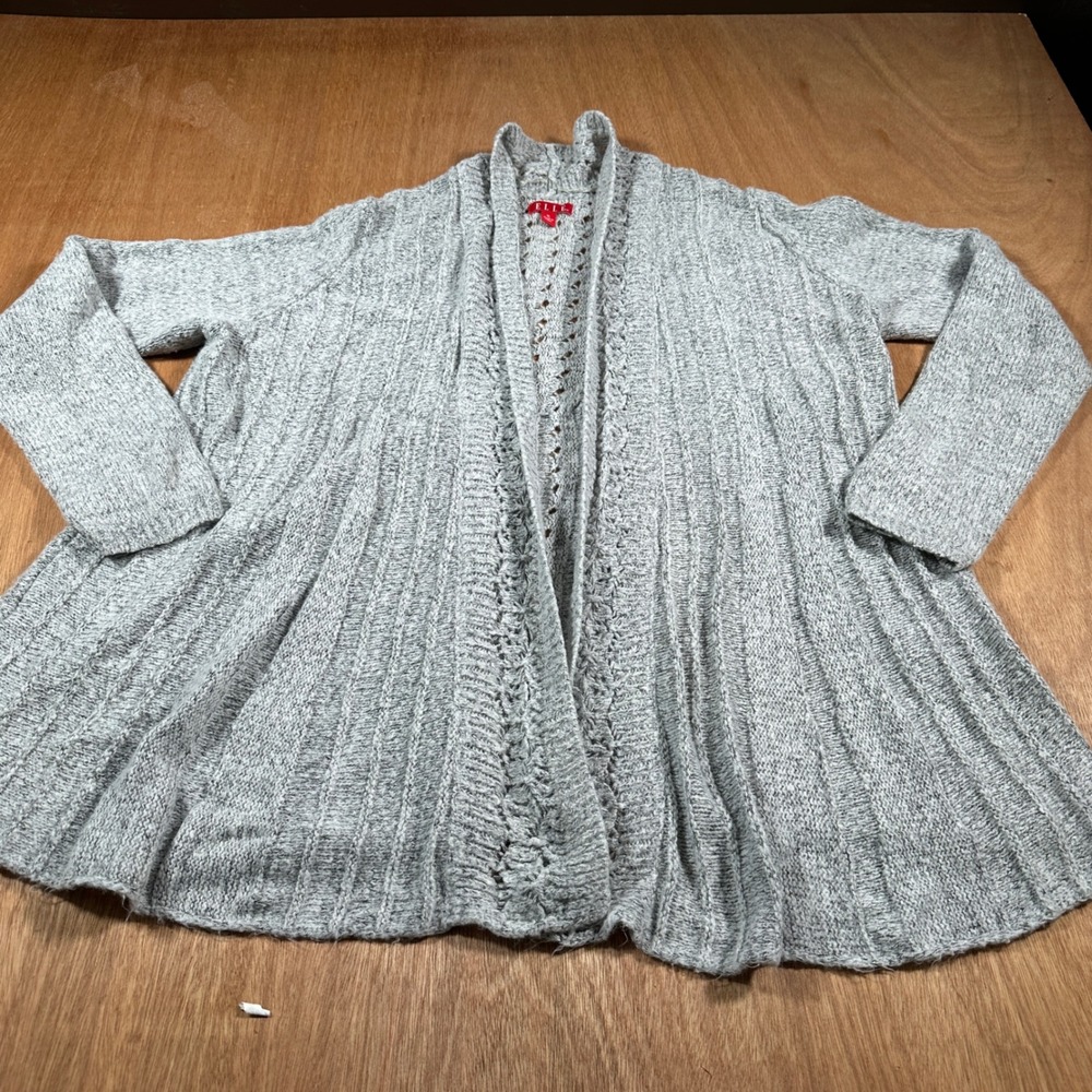 ELLE Cardigan Sweater XL Gray Open Front Ribbed Marled Knit Boho Cozy
